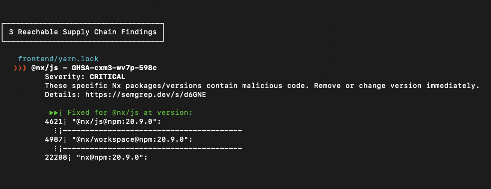Semgrep cli showing @nx vulnerability