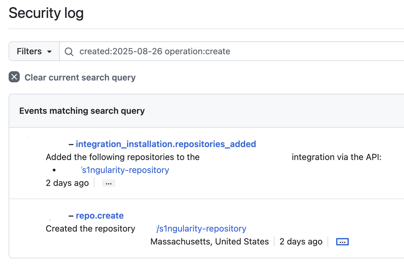 A screenshot of githubs security log redacted.