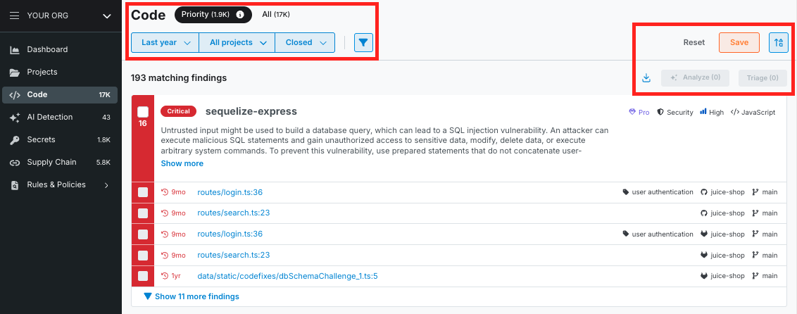 Image showing the Semgrep dashboard and its functionality for downloading CSVs of the findings that have been fixed.