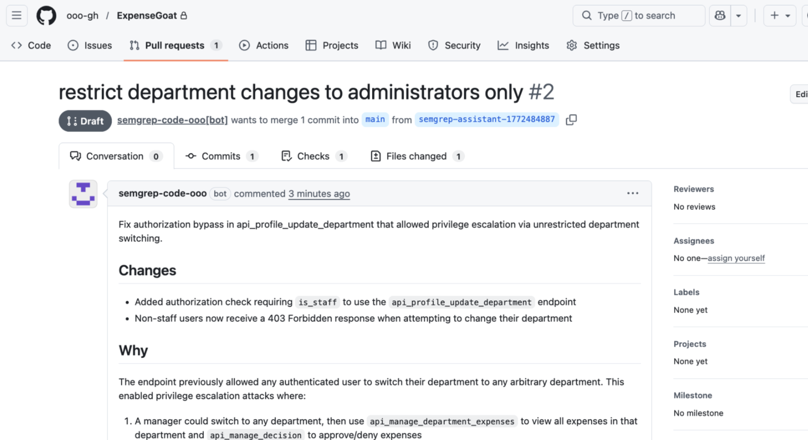 Developers get high-confidence, AI-generated fix suggestions, directly in PRs
