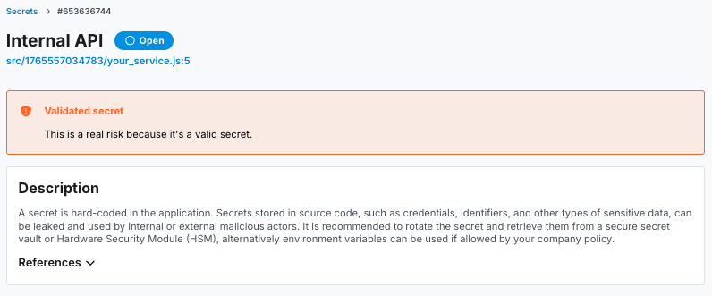 Image of the Semgrep Engine finding a generic secret and validating it as live