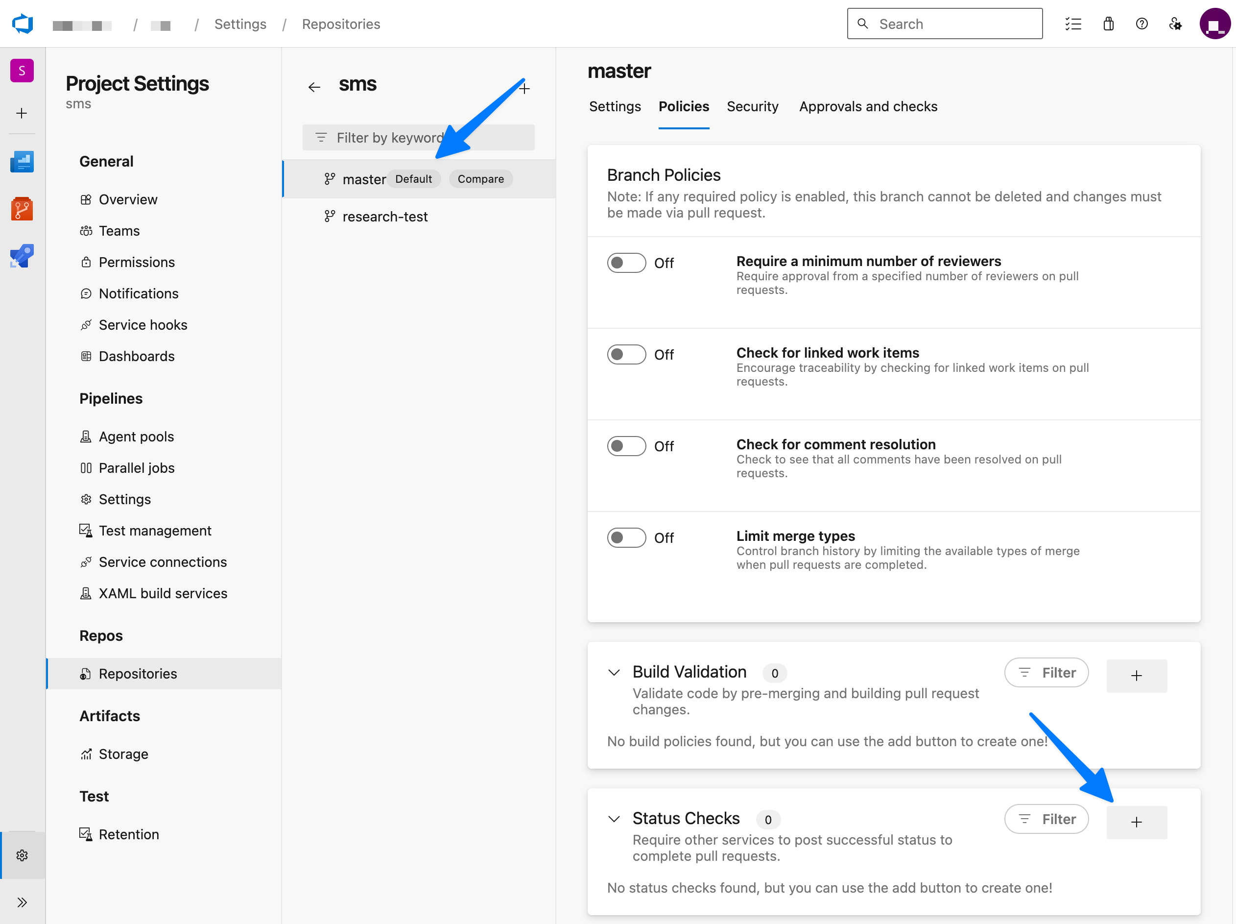 Configure status checks for a branch in Azure DevOps